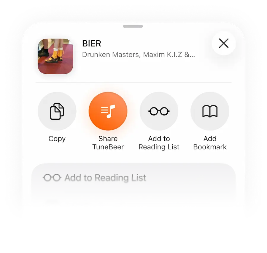 iOS share sheet showing tune.beer